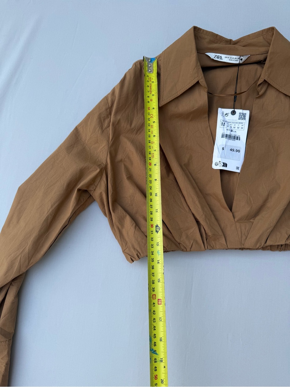 Zara Cropped and Cinched Collared Long-Sleeve Top - Tan - Picture 7 of 8